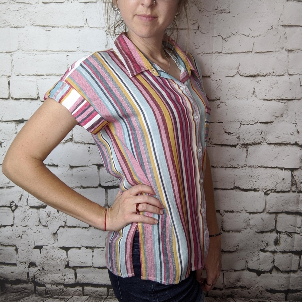 Aqua Multi Colored Striped Button Down - Picture 3 of 12